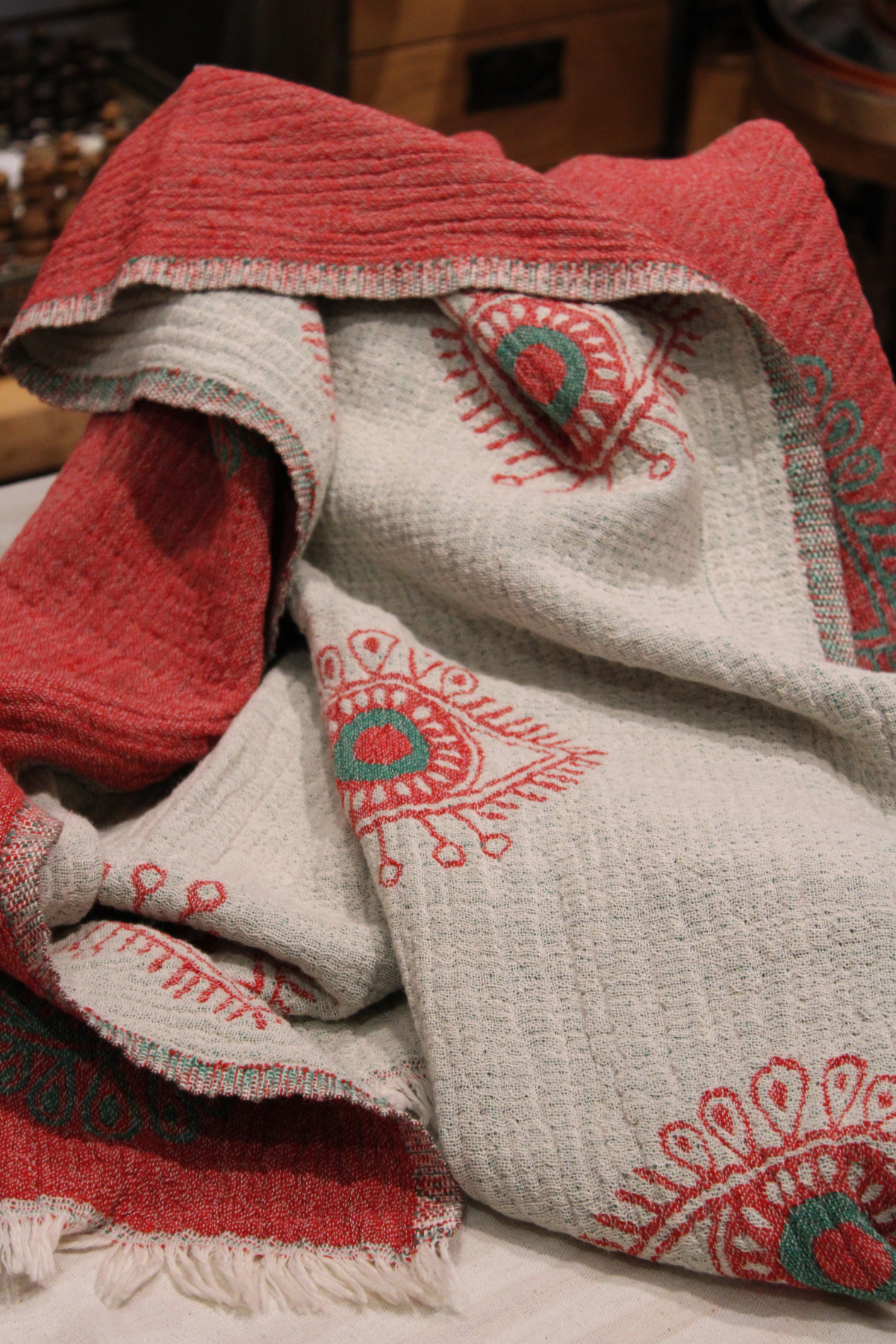 Protection Eye Red Turkish Towel with Green Eye
