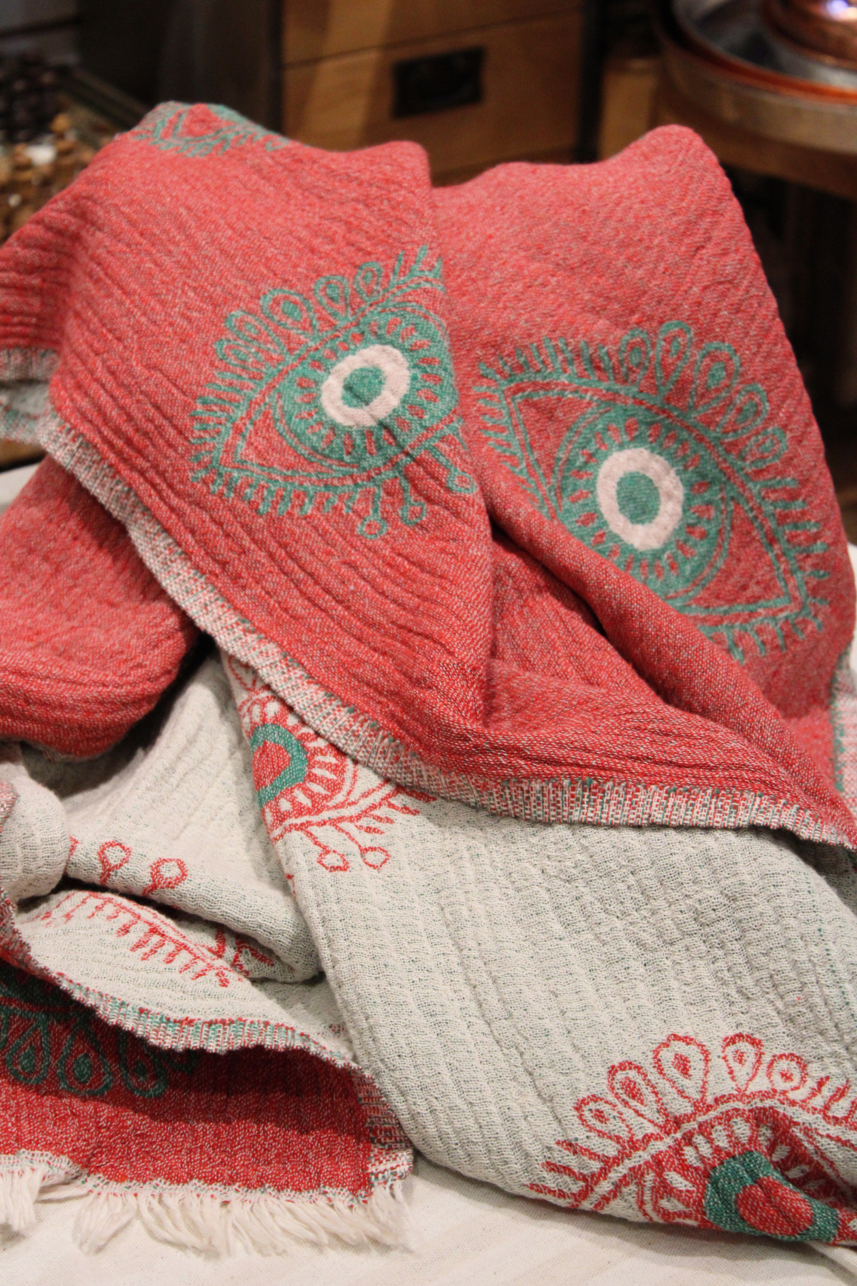 Protection Eye Red Turkish Towel with Green Eye