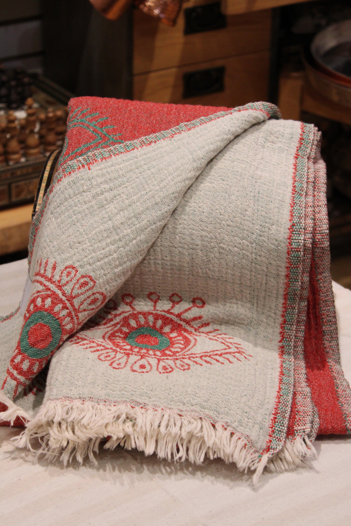 Protection Eye Red Turkish Towel with Green Eye