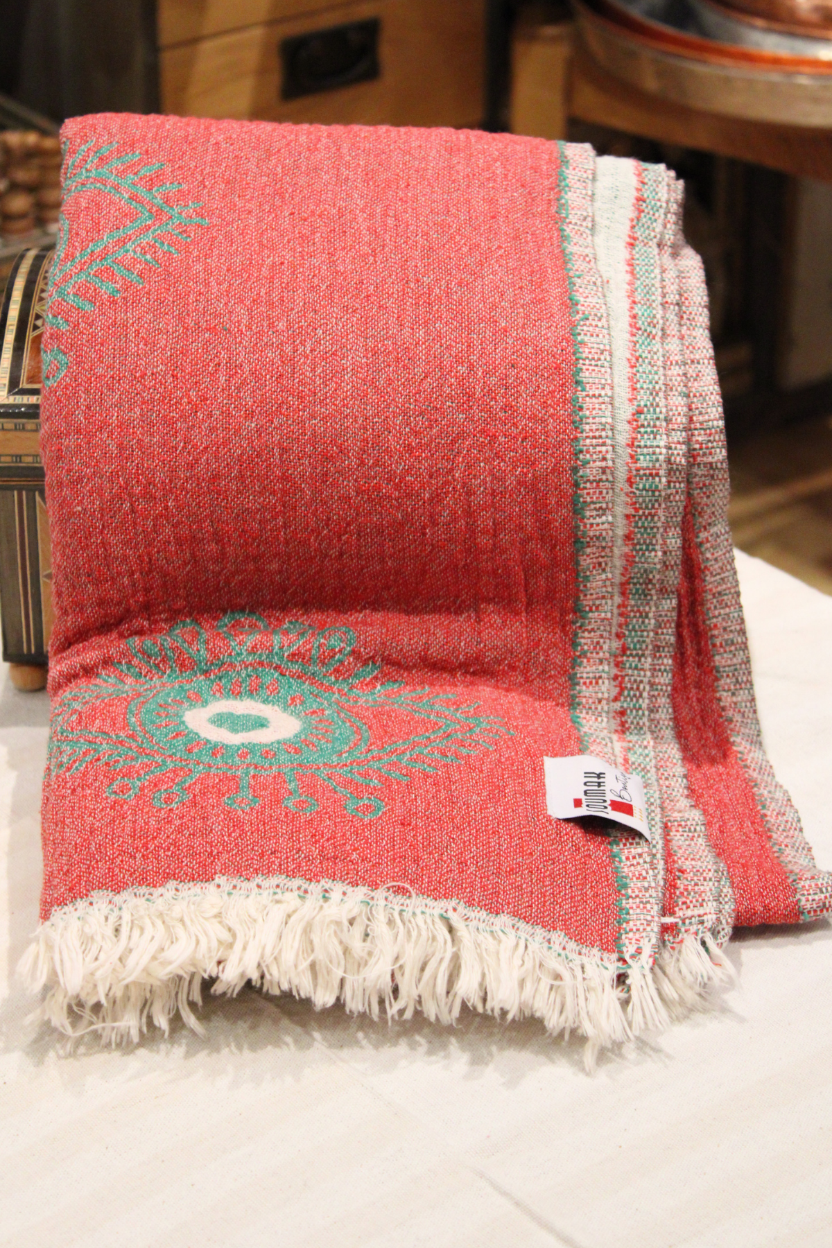 Protection Eye Red Turkish Towel with Green Eye