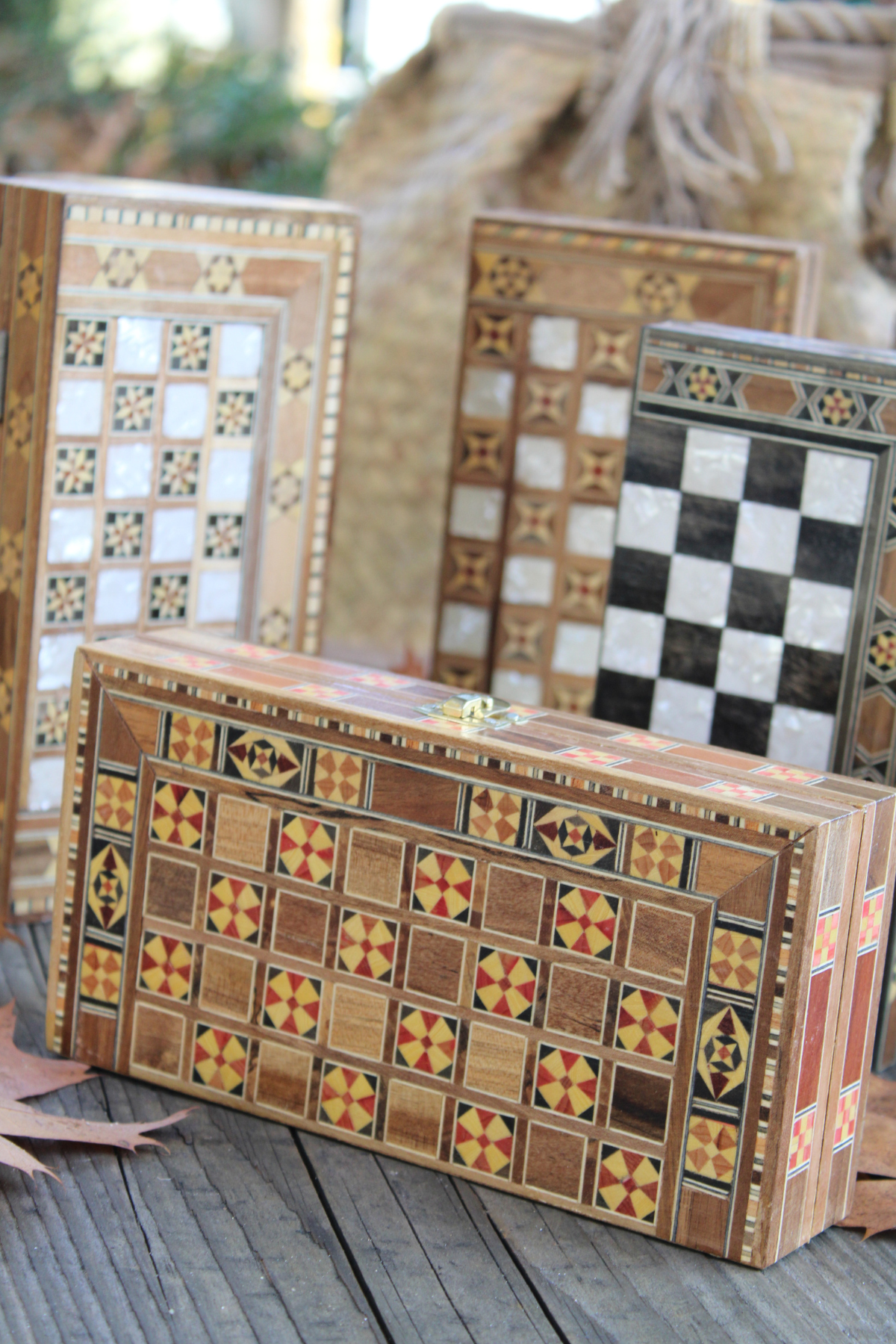 Experience sophistication with our Mini Syrian Handcrafted Mosaic Chess/Backgammon Board in a horizontal display, highlighting the exquisite Lotus motif.