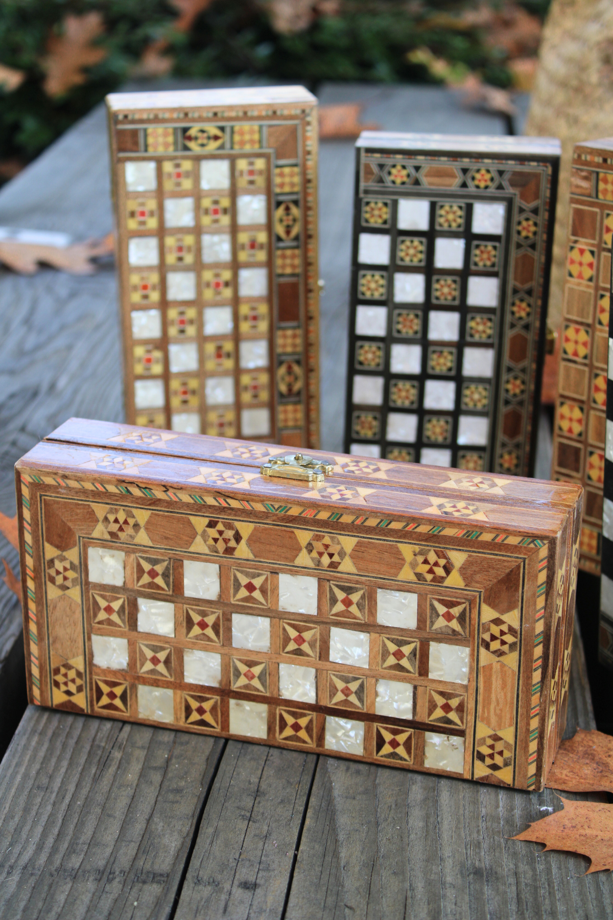 Experience elegance with our Mini Syrian Handcrafted Mosaic Chess/Backgammon Board in a horizontal display, highlighting the exquisite Sparkling Blossom motif.