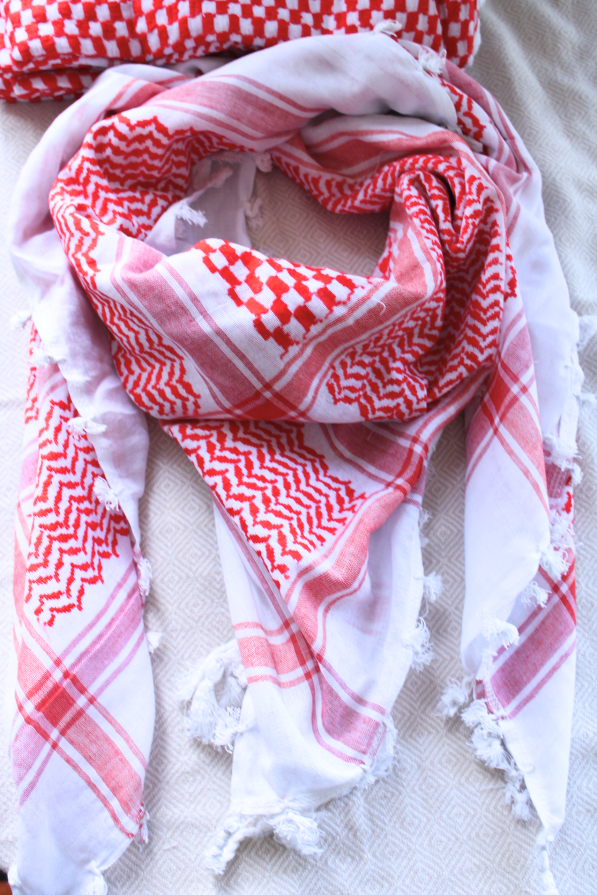 A classic red and white Keffiyeh scarf with traditional tassels. Handcrafted with care, this timeless piece represents cultural pride and artisanal quality.