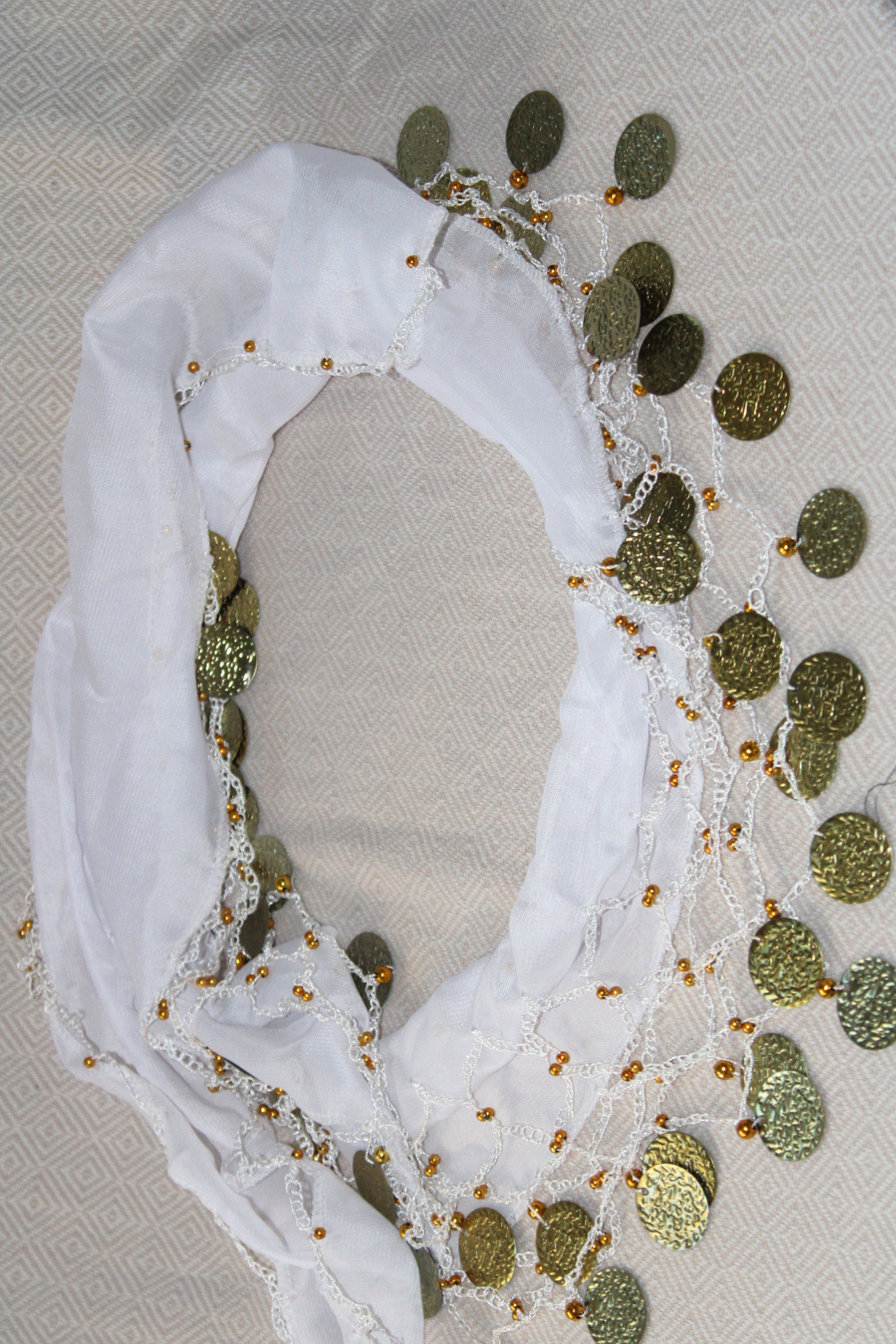 A pure white belly dance waist chain adorned with two layers of silver coins. The crisp white color enhances the silver shine, adding a clean and elegant touch to your belly dance ensemble.