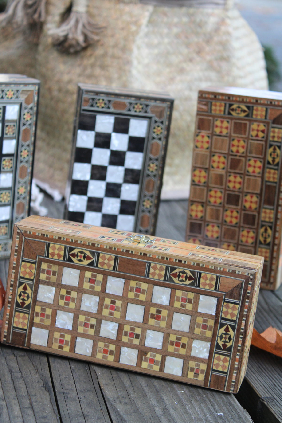 Horizontal view of the Mini Syrian Handcrafted Chess and Backgammon Board, showcasing its stunning cross pattern, perfect for travel.